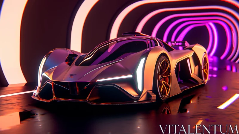 Sleek Futuristic Sports Car in Neon-Lit Tunnel AI Image