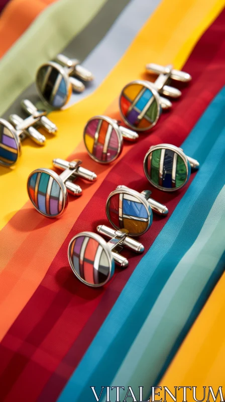 Unique Colorful Cufflinks Set on Rainbow Background AI Image