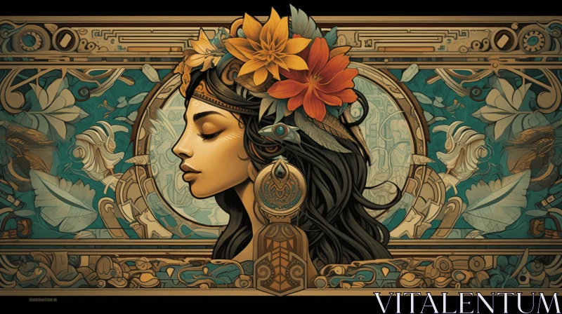 Captivating Artwork: Exotic Woman with Floral Adornments AI Image