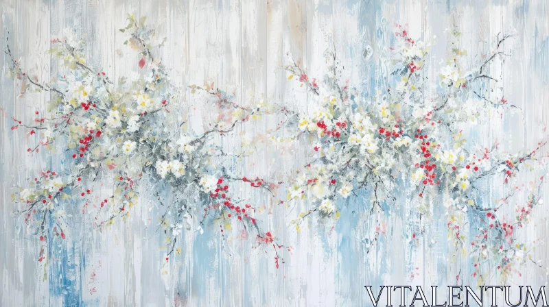 Delicate White and Red Flowers Painting on Blue Background AI Image