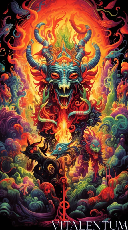 Elaborate Art Piece of Demons and Monsters in Psychedelic Colors AI Image