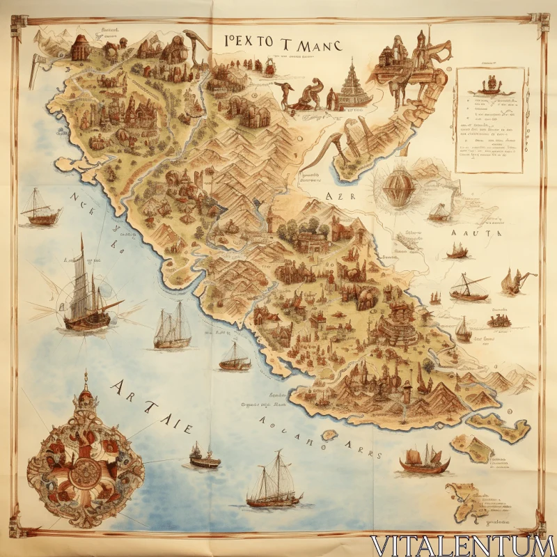 Enchanting Map of an Ancient City with Boats | American Studio Craft Movement AI Image