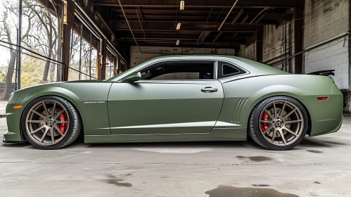 Green Chevrolet Camaro Parked in Garage