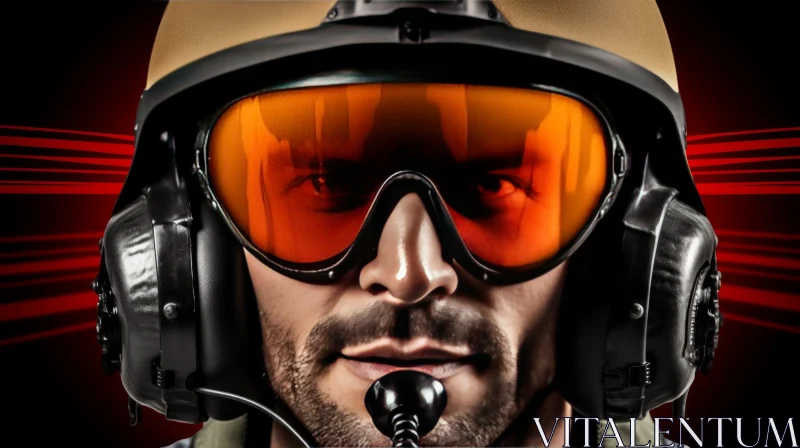 Serious Male Pilot in Helmet with Orange Goggles AI Image