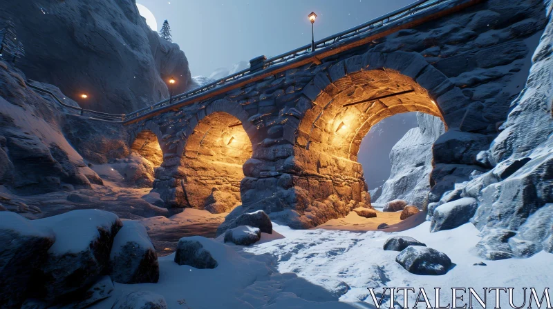 Snowy Stone Bridge Over River - Realistic Moonlit Scene AI Image