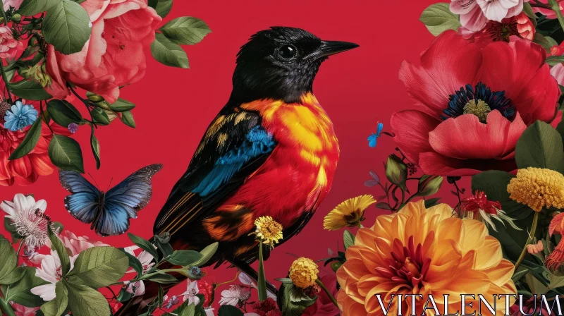 Realistic Bird Painting in Lush Garden AI Image