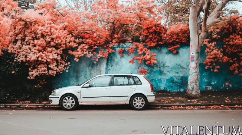 White Car Parked on Street with Blue Wall and Pink Flowers AI Image