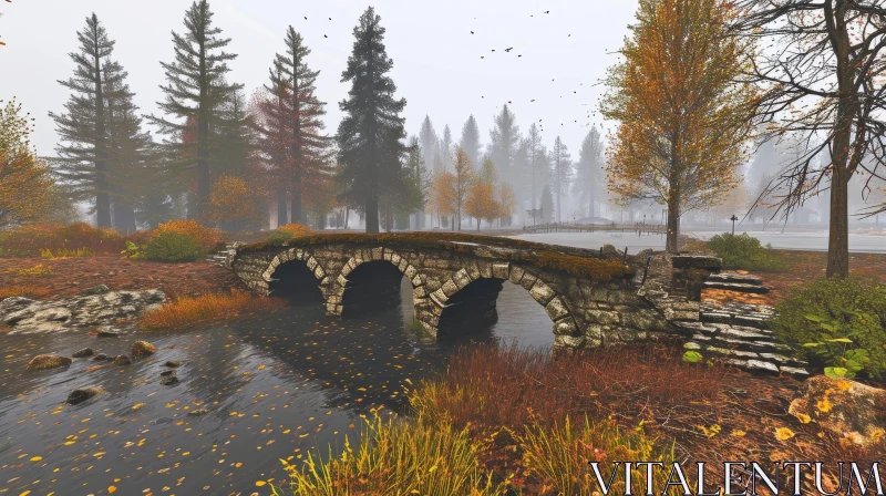 Autumn Stone Bridge Landscape: Mysterious and Ethereal Scene AI Image