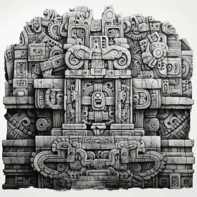 Intricate Carvings: Black and White Aztec Temple with Detailed Science Fiction Illustrations
