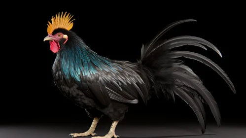 Striking Black Rooster with Golden Crest