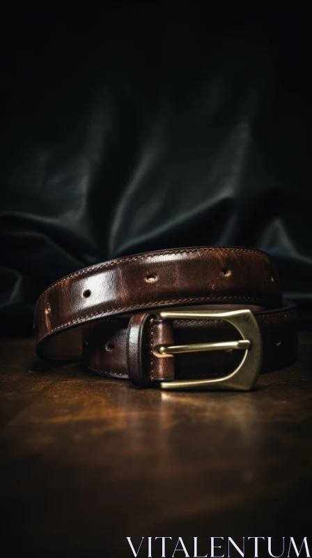 Brown Leather Belt with Gold Buckle on Wooden Table AI Image