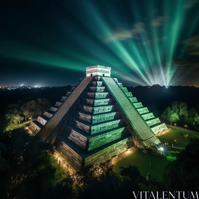 Chichen Itza Pyramids: A Captivating Nighttime View of Mayan Ruins AI Image