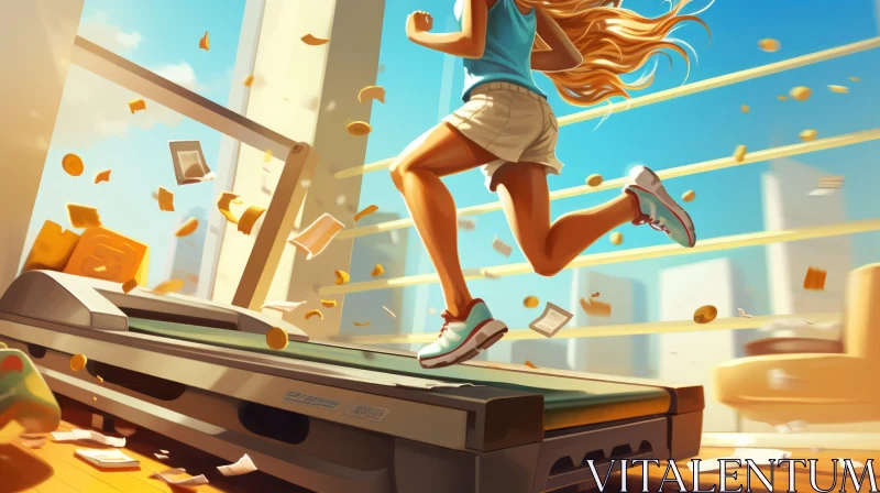 Energetic Woman Running in Bright Room with City View AI Image