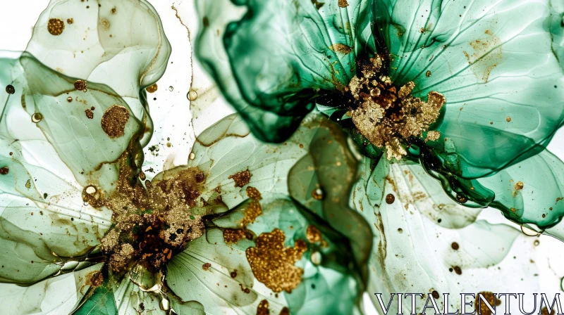 AI ART Green and Gold Liquid Flowers - Ethereal Close-up