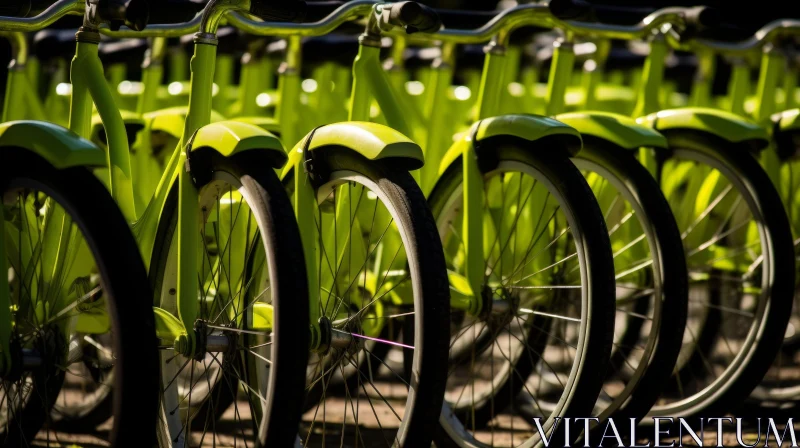 Green Bicycles in Bike Rack - Vibrant Transport Scene AI Image
