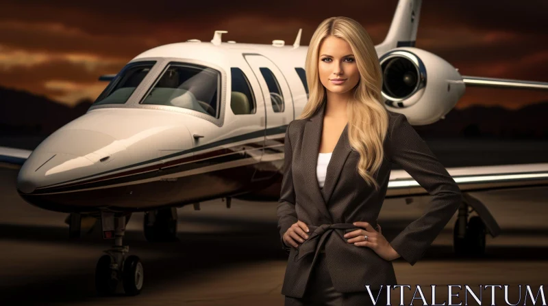Confident Businesswoman at Sunset with Private Jet AI Image