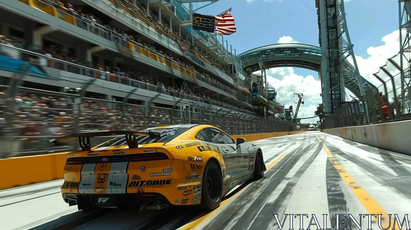 Speeding Yellow and White Race Car on Track with American Flag AI Image