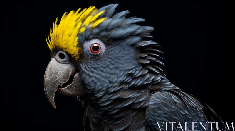 Striking Parrot Portrait with Black Feathers and Yellow Crest AI Image