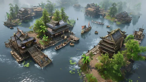 Tranquil Chinese Village on River - Digital Painting