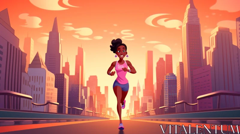 Urban Woman Running in City Cartoon Style AI Image