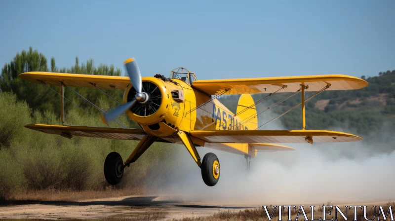 Yellow Biplane Taking Off from Runway in Blue Sky AI Image