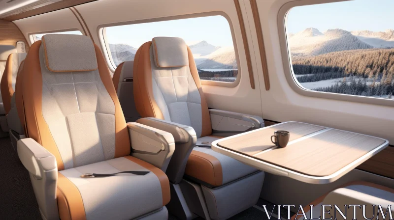 Luxury Train Interior with Comfortable Seats and Snowy Mountain View AI Image