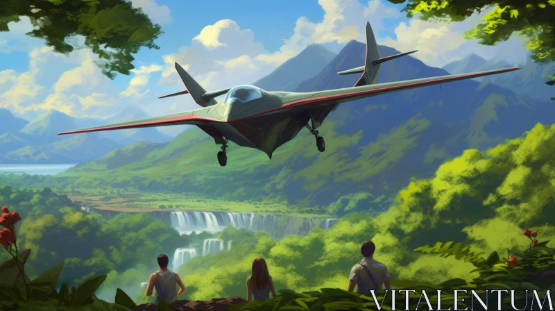 People on Cliff Watching Plane over Valley with River and Waterfall AI Image