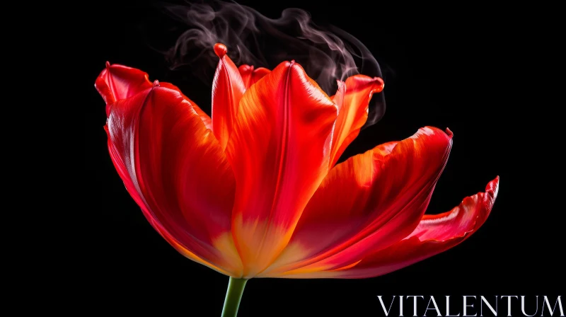 Red Tulip in Full Bloom Against Black Background AI Image