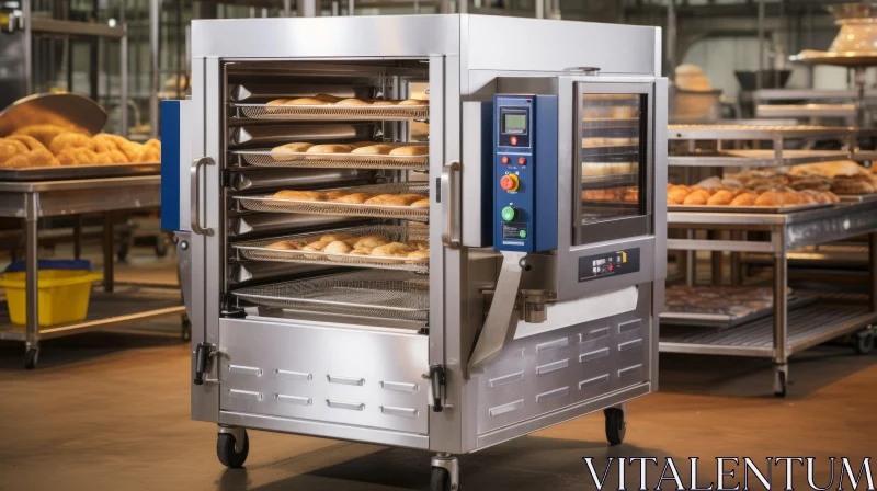 Stainless Steel Industrial Oven with Baking Trays and Bread Rolls AI Image