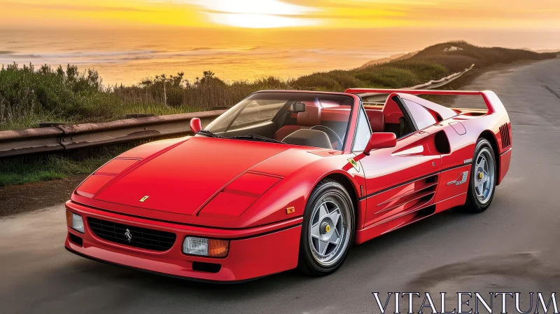 Luxury Red Ferrari F40 Parked on Coastal Road at Sunset AI Image