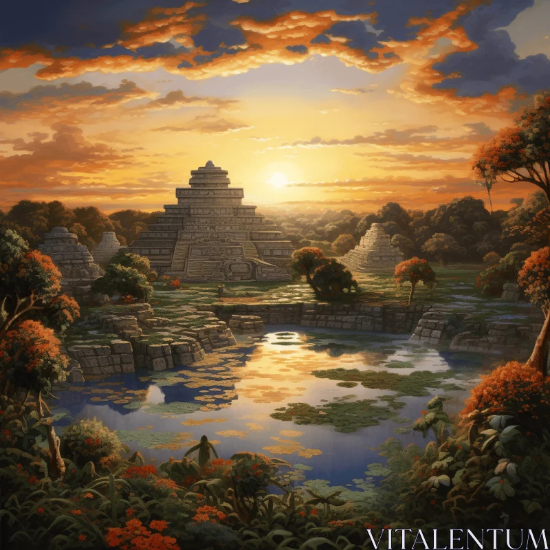 Ancient Mexican Temple in Vibrant Jungle at Sunset AI Image