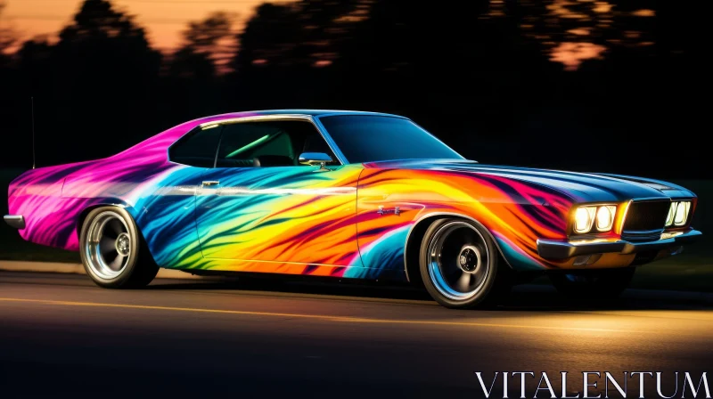 Classic Muscle Car with Psychedelic Paint Job at Night AI Image