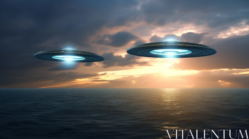 Ethereal Encounter: Unidentified Flying Objects Over Ocean AI Image