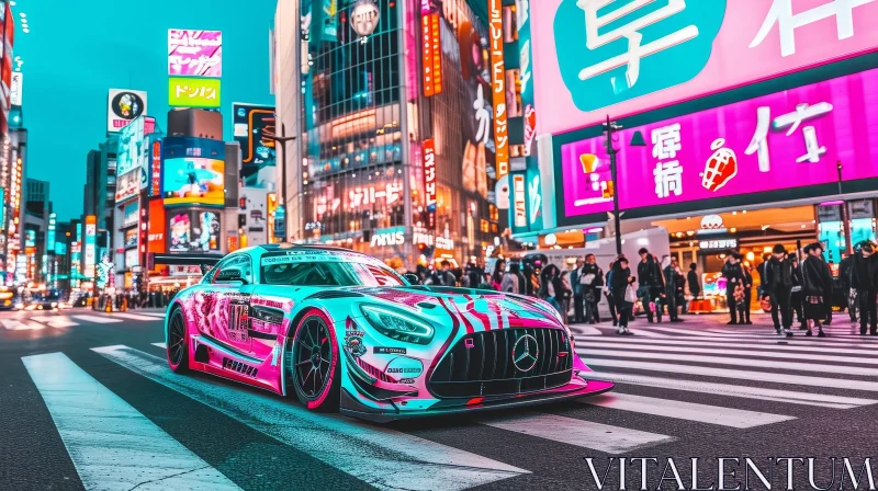 Neon Night City Street Scene in Japan with Colorful Crowd and Sports Car AI Image
