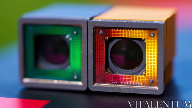 Abstract Art: Intricate Cameras with Green and Orange Lenses AI Image