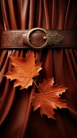 Brown Leather Belt with Gold Buckle - Autumn Leaves Texture