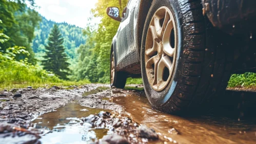 Closeup of SUV Car Wheel on Forest Road | Adventure Concept