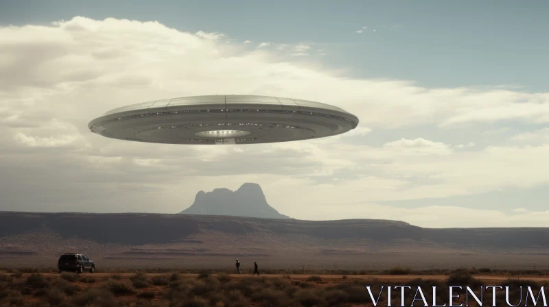 Enigmatic Flying Saucer Over Desert Landscape AI Image