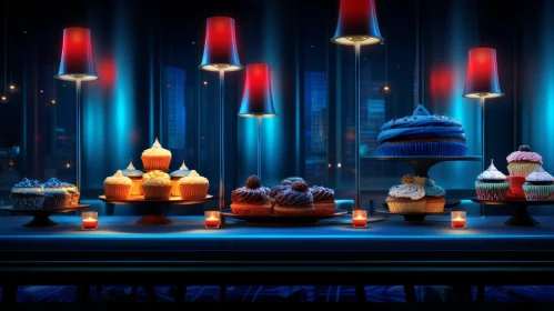 Exquisite Cupcakes Displayed on Bar Counter | Cityscape Night