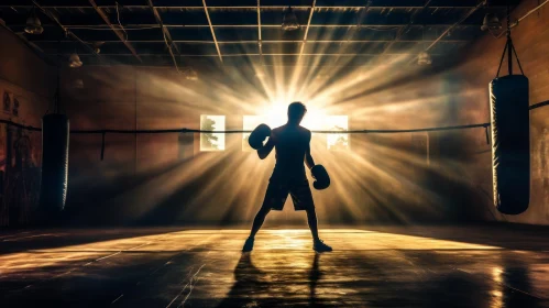 Powerful Boxer in a Dark Boxing Ring