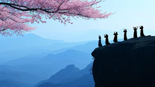 Serene Japanese Mountain Landscape with Cherry Blossom Tree