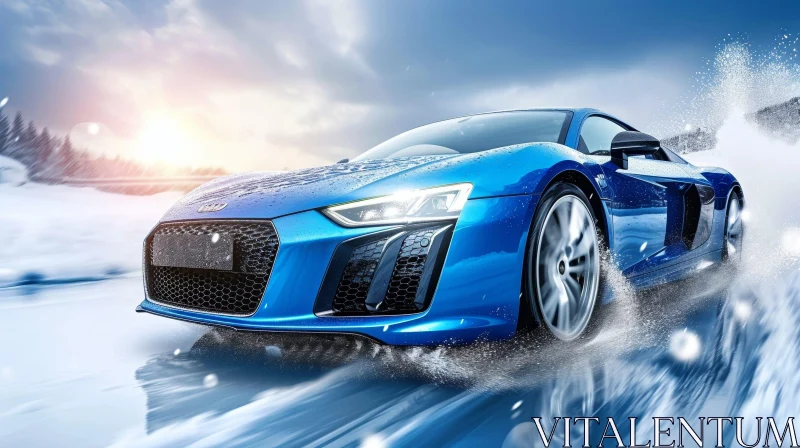 Blue Audi R8 V10 Plus Sports Car on Snowy Road AI Image