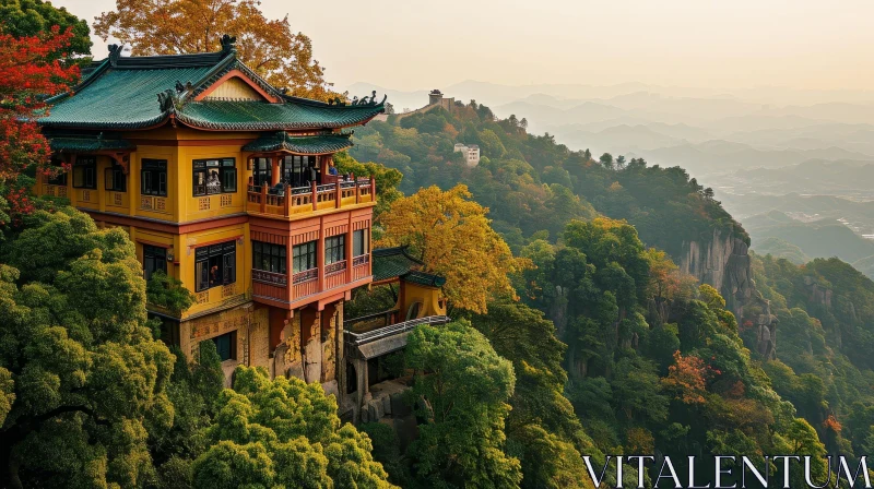 Chinese-style Building on Mountaintop Surrounded by Green Trees AI Image
