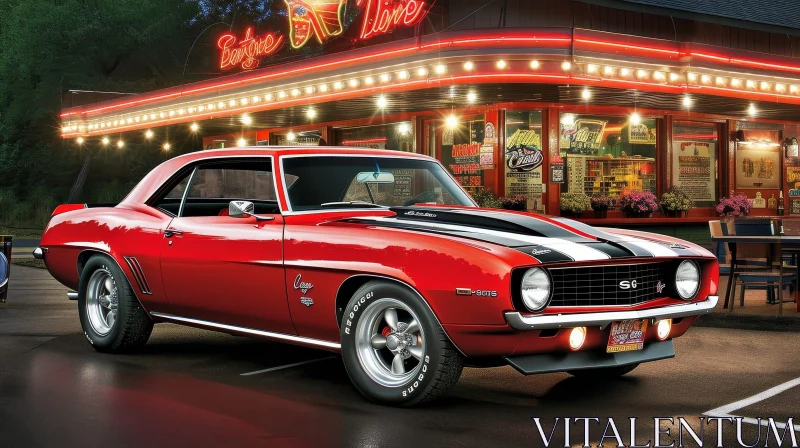 Classic Red Chevrolet Camaro SS at Night AI Image