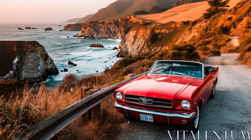 Classic Red Ford Mustang Convertible on Coastal Road at Sunset AI Image