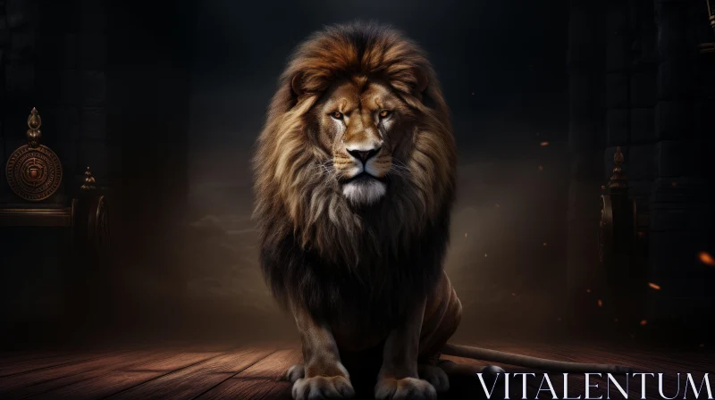 Majestic Lion Digital Painting on Wooden Floor AI Image