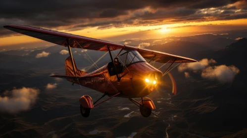 Red Airplane Flying over Majestic Mountain Range at Sunset