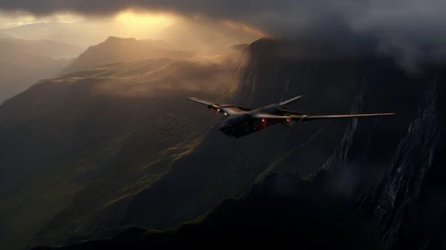 Sleek Black Military Aircraft Flying Over Mountain Range at Sunset