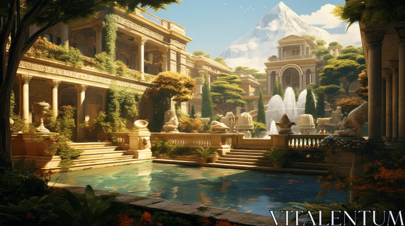 Architectural Scene with Fountain: A Luxurious Fantasy Journey AI Image