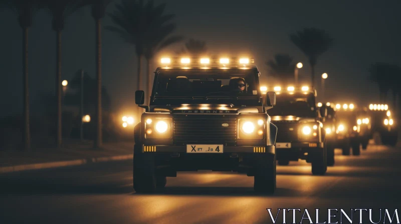 Night Convoy Desert Road Land Rover Defender AI Image